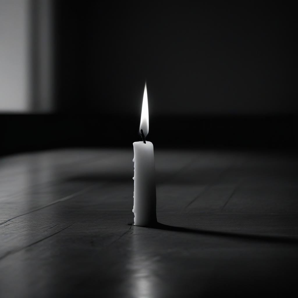  a single weak candle flickering in a vast, dark room, the flame small but casting a soft, warm light against the encroaching shadows in black and white.