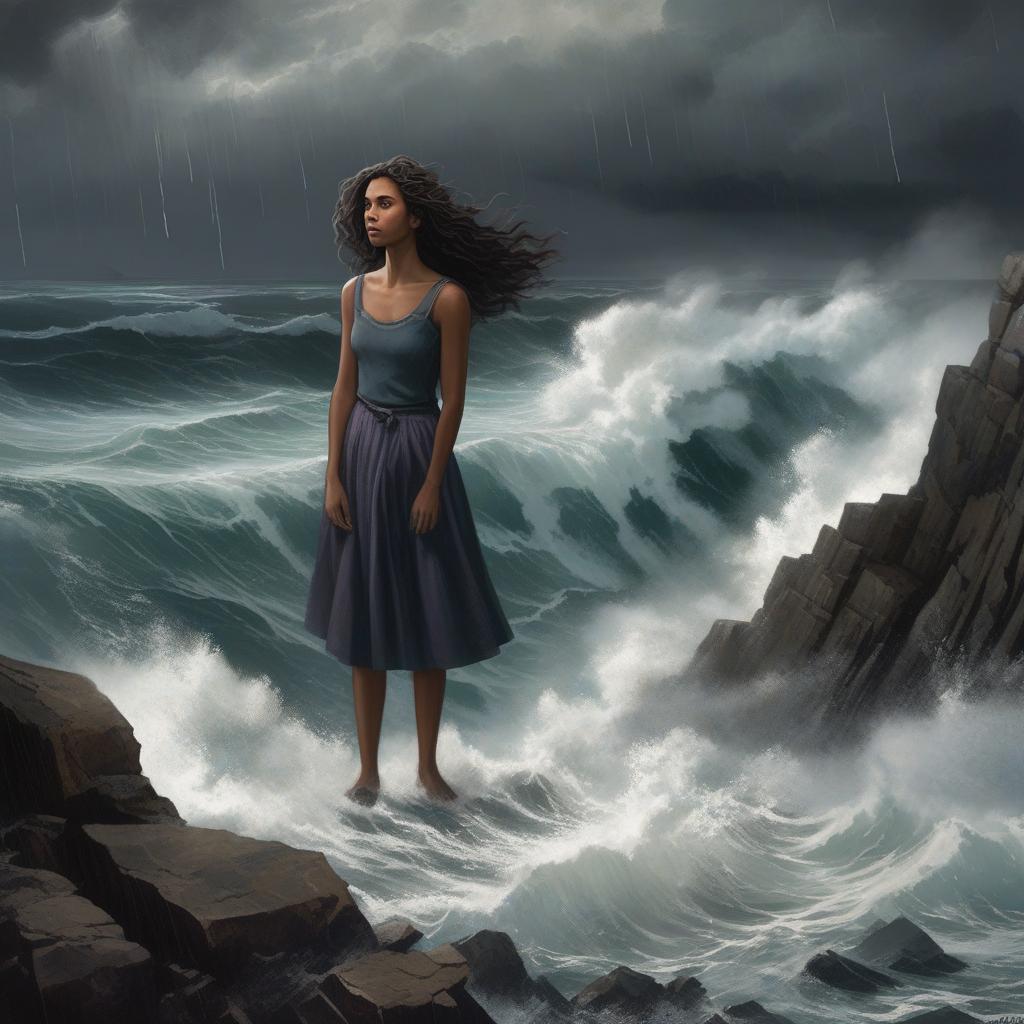  masterpiece, best quality, A girl standing on a rocky cliff overlooking a dark, stormy sea below, with crashing waves and lightning in the distance. The girl's hair is wild and tangled, and her expression is a mix of fear and determination. The atmosphere is tense and dramatic, conveying a sense of peril and very. The style is a detailed ilration with a dark and moody color palette. The lighting is dramatic and uneven, with flashes of light illuminating the scene. Realized in a digital painting with a focus on texture and detail, using a realistic rendering engine to capture the stormy atmosphere.