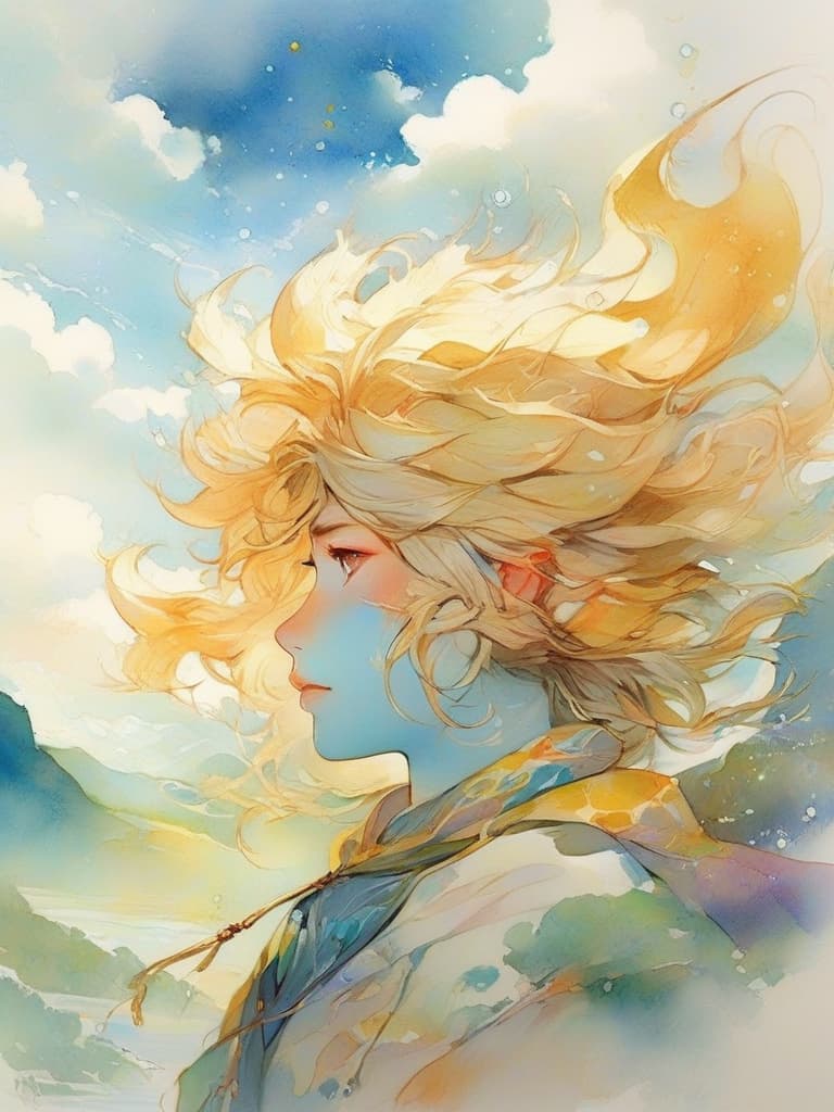  watercolor painting,instaport style, portrait of sun wukong, monkey face, soft blond hair, semi transparent gold rods, blurred edge lines, wearing simple cloths with a soft background of clouds and mountains, water colour effects, dream colour evolution, artistic sense, and a light and mysterious atmosphere。 [multi color watercolors with a white background], haze, film photography, light ethereal leaks, sharp focus, intricate highly detailed acrylic painting, palette knife and brush strokes, trending on artstation, trending on pixiv fanbox