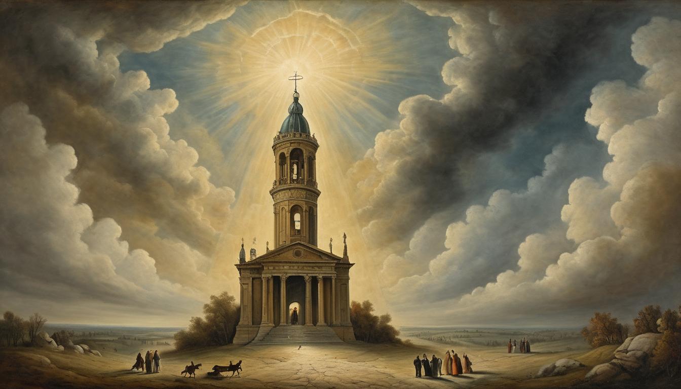  on parchment, surrealism++, a large bell tower ringing loudly, people looking up in surprise, dramatic sky, rays breaking through clouds, sense of urgency, awakening(mysterious, provocative, symbolic)++