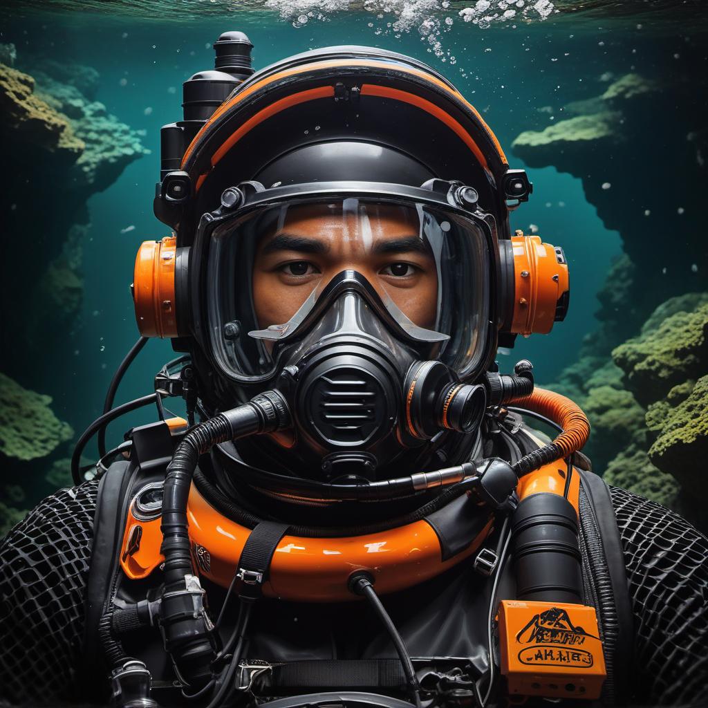  jb name, male, rebreather diver, thick loops, helmet in orange, cave diver, underwater, face view diver, fresh water, shoulder view, jb, painting style