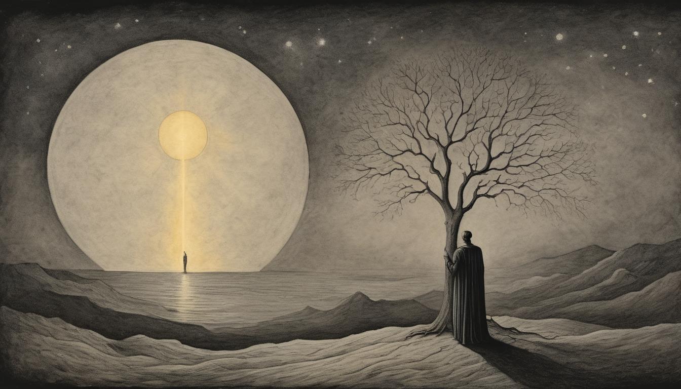  on parchment, surrealism++, a lone figure, radiant with a glowing aura, standing on the edge of a dark abyss, moonlight casting a halo, feeling of destined departure(mysterious, provocative, symbolic)++