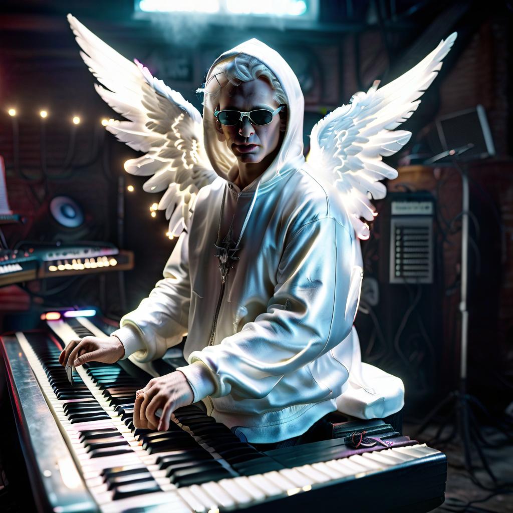  hyperrealistic art angel with a white face in a white hood with large wings in sunglasses with an electric piano in his hands . extremely high resolution details, photographic, realism pushed to extreme, fine texture, incredibly lifelike, hkmagic, glowneon