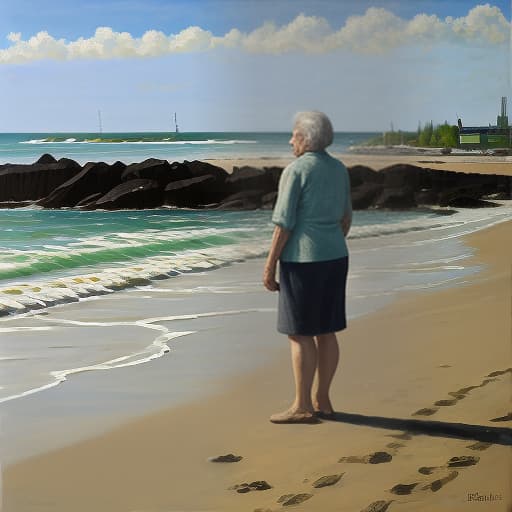  1 old masha, standing on the beach , realism