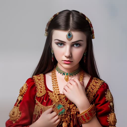  beautiful tatar girl with national jewelry in a dress closed brooding face looks down the belt on a white background