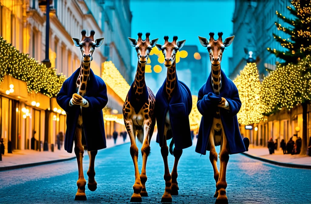  professional detailed photography, three giraffe friends in coats are walking on the street in the city center on new year's eve. the background is shiny, decorated with christmas yellow lights and trees. abstract composition with animals ar 3:2, (muted colors, dim colors, soothing tones), (vsco:0.3)