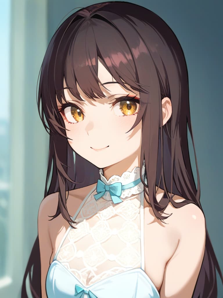  {clean beautiful girl:1.2}{dark brown hair:1.2}{shiny straight long hair:1.2}{half up:1.2}{gentle smile:}{she is wearing a dress with white collar on dark blue background}{upper body} masterpiece,high quality,16k,