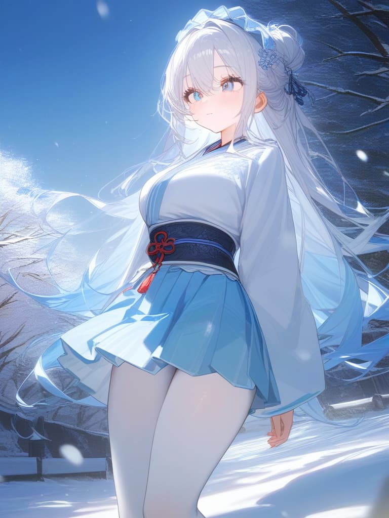  girls, white skin, white hair, long hair, light blue gradation hair color, light blue eye, headdress, snow, kimono, pleated skirt, frill, short skirt, masterpiece, best quality,8k,ultra detailed,high resolution,an extremely delicate and beautiful,hyper detail