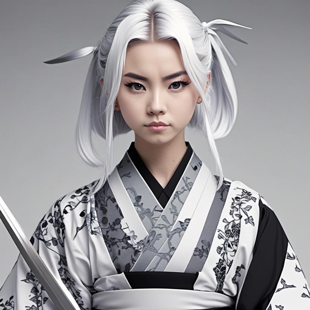  girl with black and white hair wearing a kimono with a sword demon slayer style , anime style, manga style, manhwa style