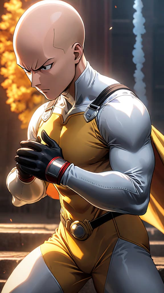  anime art of saitama pondering his mysterious strength, hinting at divine origins beyond mere training. hyperrealistic, full body, detailed clothing, highly detailed, cinematic lighting, stunningly beautiful, intricate, sharp focus, f/1. 8, 85mm, (centered image composition), (professionally color graded), ((bright soft diffused light)), volumetric fog, trending on instagram, trending on tumblr, HDR 4K, 8K