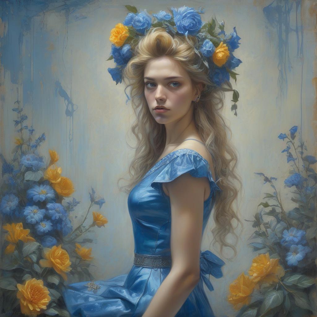  grunge style <mymodel> a painting of a woman with flowers in her hair and a blue dress donato giancola, figurative art, extremely detailed oil painting, a hyperrealistic painting . textured, distressed, vintage, edgy, punk rock vibe, dirty, noisy