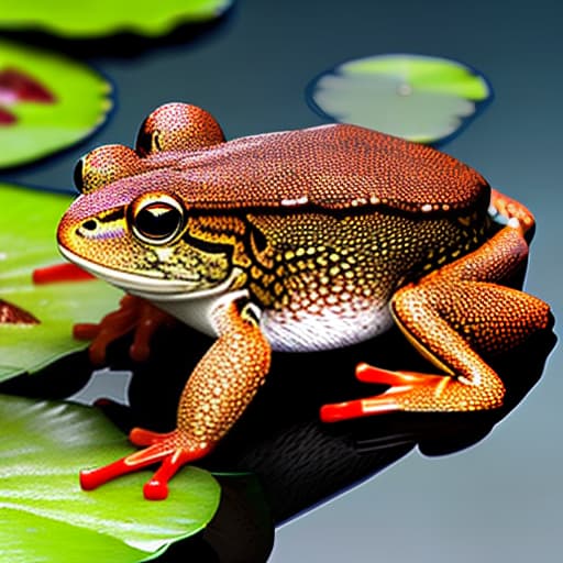 nvinkpunk three legged frog on water lily hyperrealistic, full body, detailed clothing, highly detailed, cinematic lighting, stunningly beautiful, intricate, sharp focus, f/1. 8, 85mm, (centered image composition), (professionally color graded), ((bright soft diffused light)), volumetric fog, trending on instagram, trending on tumblr, HDR 4K, 8K