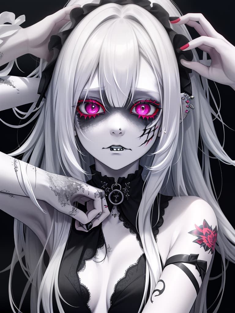  a sick girl, yandere her, zombie makeup, piercing, tattoo, lack of sleep, sick, white hair, masterpiece, best quality,8k,ultra detailed,high resolution,an extremely delicate and beautiful,hyper detail