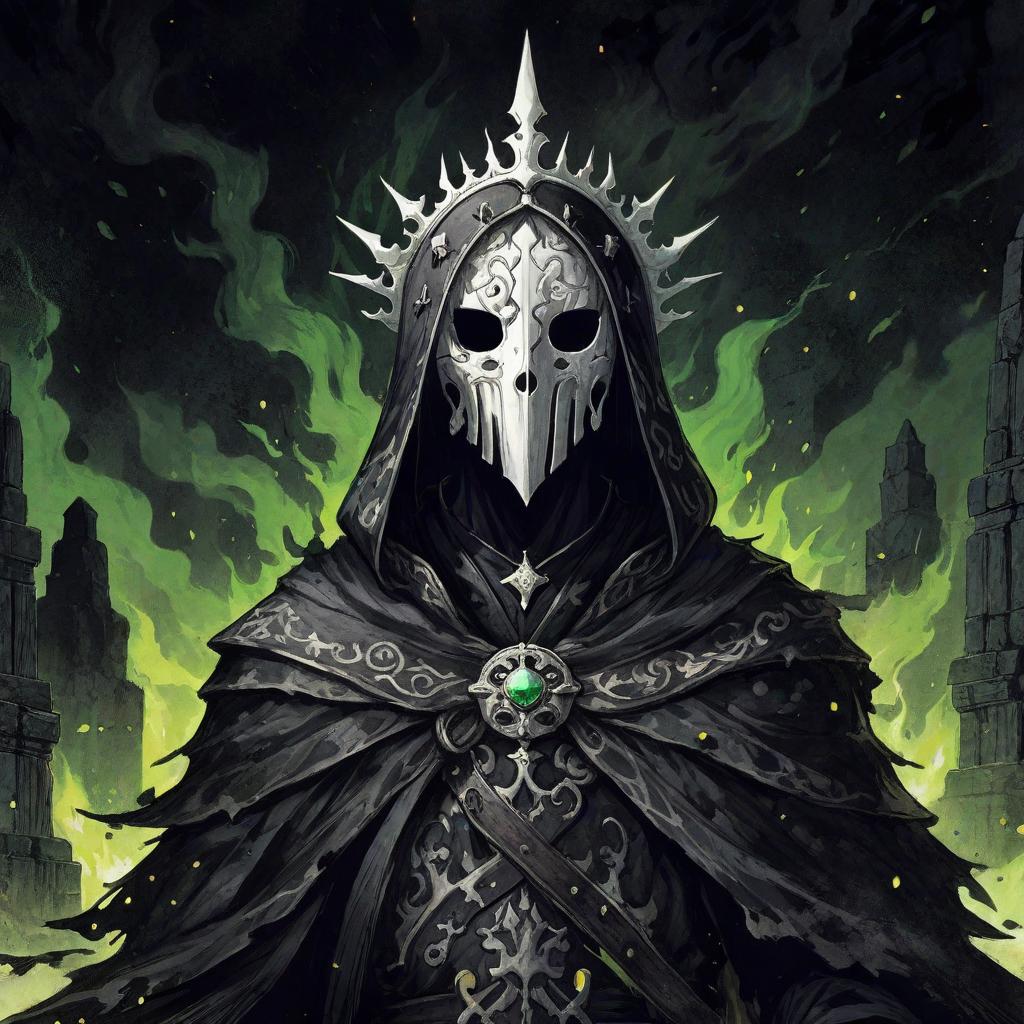  manga artwork dark figure with a ornamented black tunic, white bone mask and a white bone crown. the background has stone ruins and green flames. rpg anime style . manga artist. manga, highly emotional. best quality, high resolution