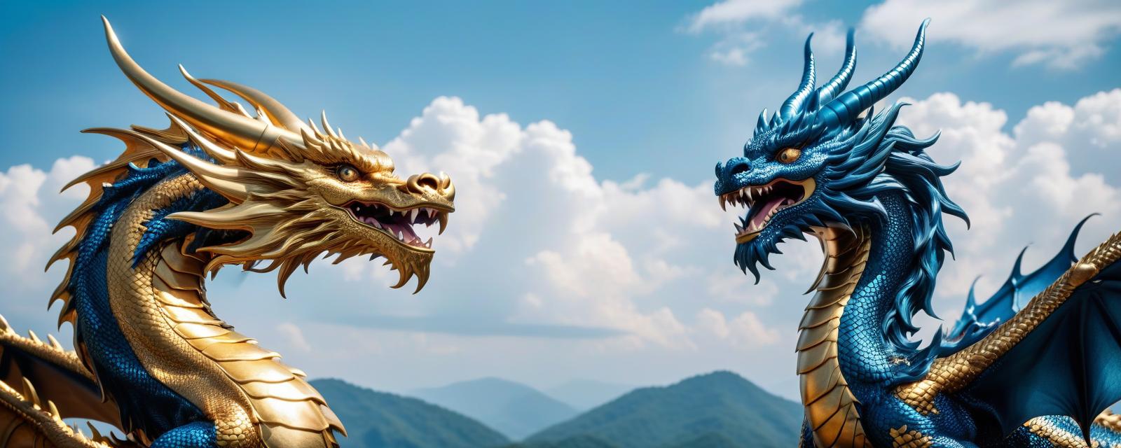  cinematic photo a golden dragon and a blue dragon fight in the sky . 35mm photograph, film, bokeh, professional, 4k, highly detailed, civitai, hkmagic