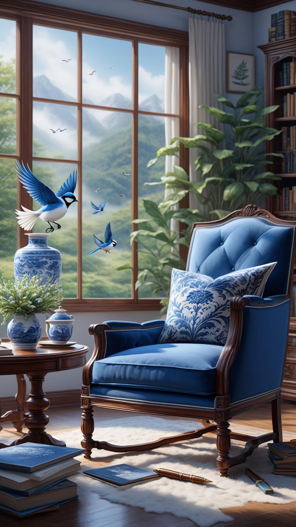  blue and white watercolor landscape, desk, chair, books, vase, dining table, chairs, bird flying, open window, serene atmosphere, inviting, knowledge, learning, interior design, cozy space, traditional watercolor painting style, detailed brush strokes, medium shot, soft focus, 4k resolution. highly detailed photo, sharp details, best quality, 4k, raw photo. photo realistic, highly intricate and detailed, masterpiece, ultra high res,photography,8k resolution