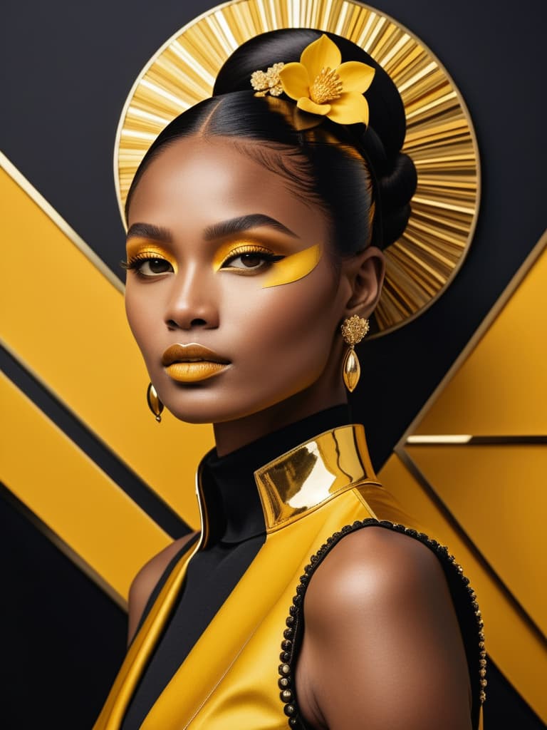  Golden yellow and sleek black color palette, captivating and inviting expression, exuding elegance and charm, magnetic beauty, intricate details, high contrast, luxurious feel, digital art, female, glossy finish, striking composition, dynamic lighting to enhance features.