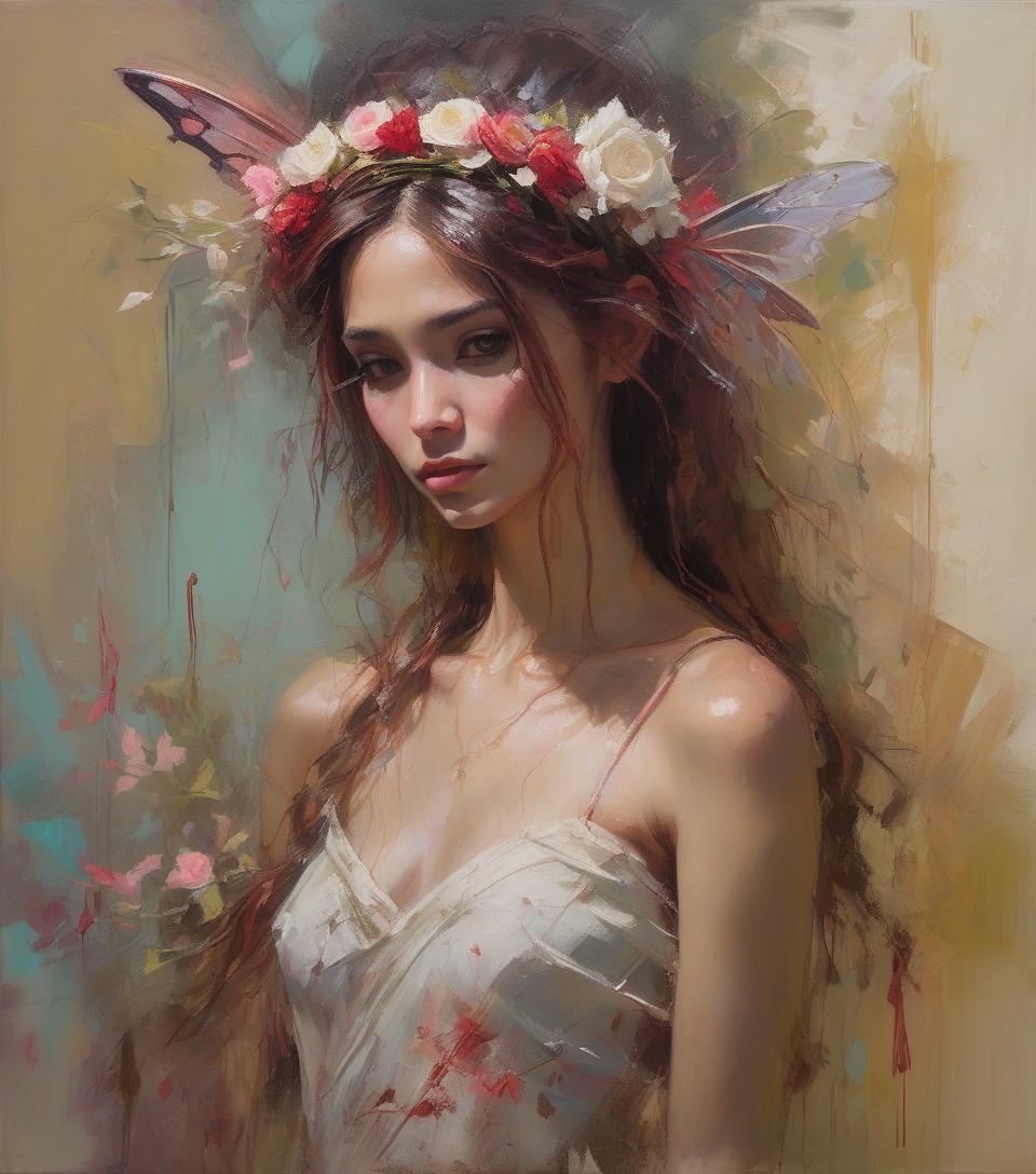  ((amazing quality, award winning, intricately detailed, ultra realistic, extremely detailed 8k)), ((oil painting by henry asencio)) portrait of fairy, floral headband, faded art