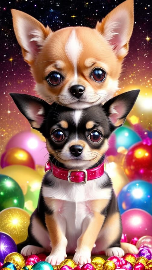  "A close-up image of a cute Chihuahua puppy, with big sparkling eyes and a tiny body, surrounded by shiny decorations and glitter, giving it a glamorous look on a t-shirt design."