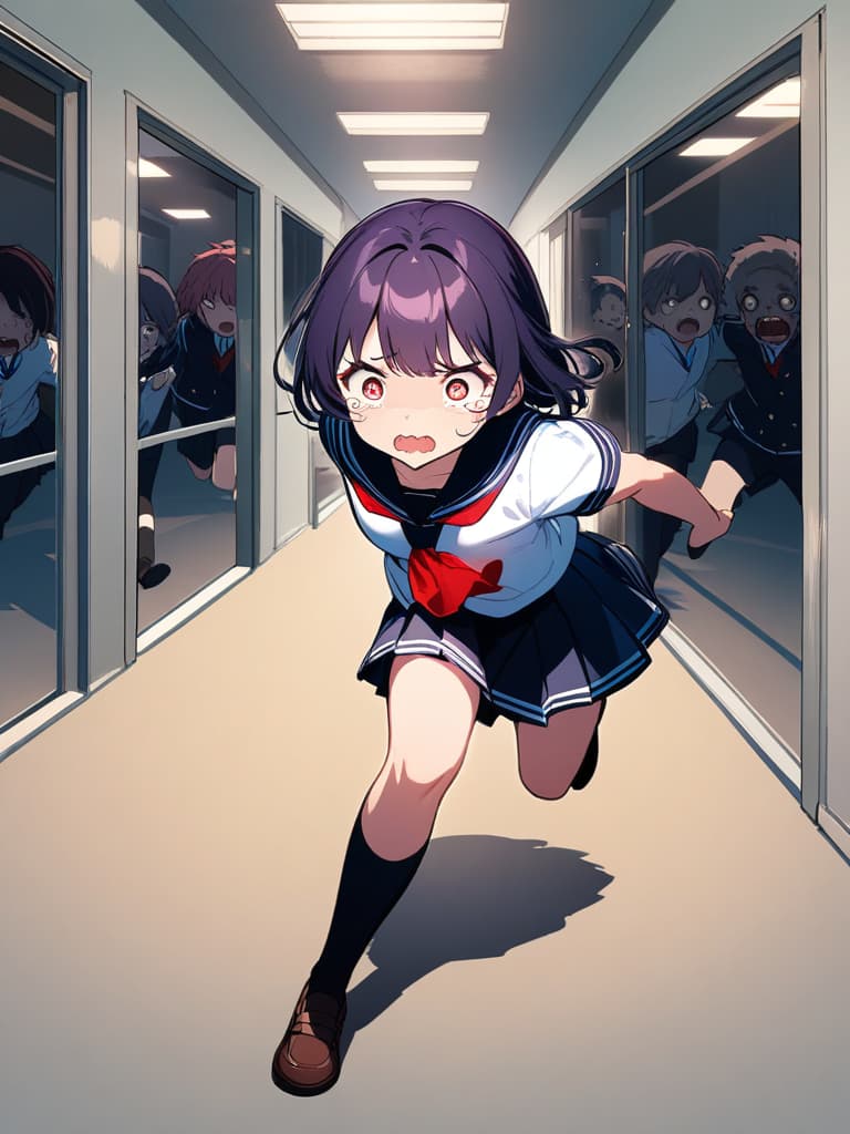  ultra detailed:1.2,masterpiece:1.2,best quality,masterpiece,bestquality,hdr:1.1,8k:1.1,very cute girl:1.3,(dark purple hair:1.3)(black school uniform,red ascot:1.4)((from front,full body:1.4))((running at school:1.6)),(scared,tears:1.3),(being chased by zombies:1.4)((school hallway:1.7))