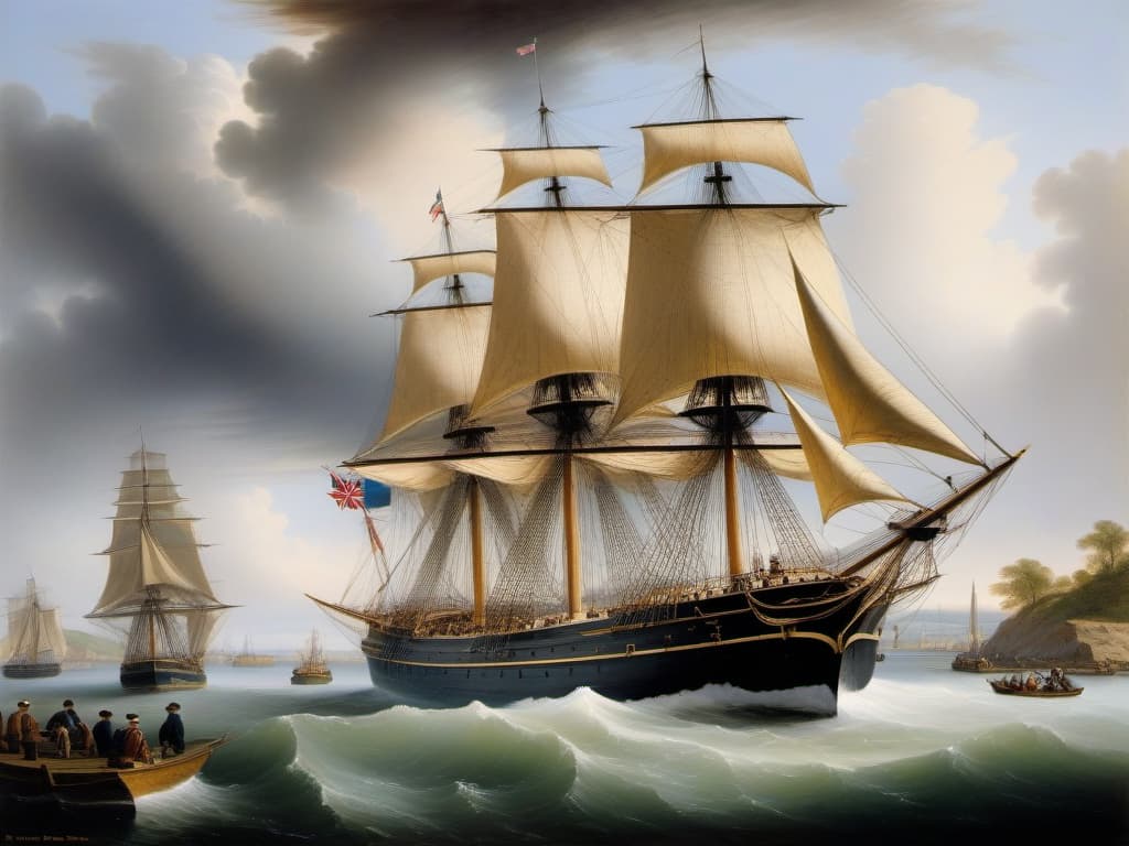  the cutty sark sails out of an english harbour in 1871, several small ships anchored in the harbour, people on the piers and in the harbour, painting, 1820, high quality, realistic image