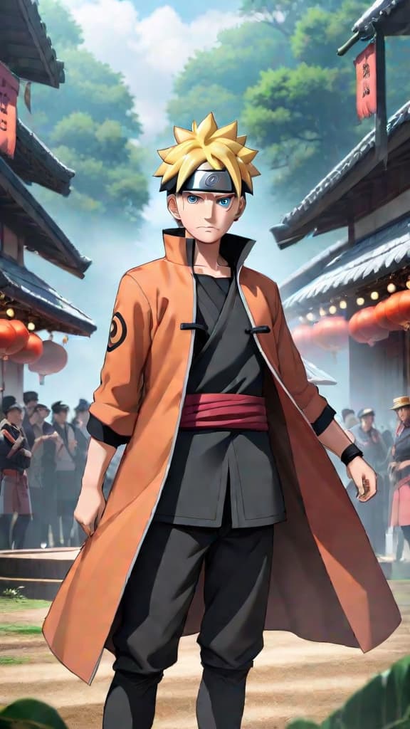  anime art: boruto uzumaki faces the choice surpass the legends or forge a new path entirely. hyperrealistic, full body, detailed clothing, highly detailed, cinematic lighting, stunningly beautiful, intricate, sharp focus, f/1. 8, 85mm, (centered image composition), (professionally color graded), ((bright soft diffused light)), volumetric fog, trending on instagram, trending on tumblr, HDR 4K, 8K