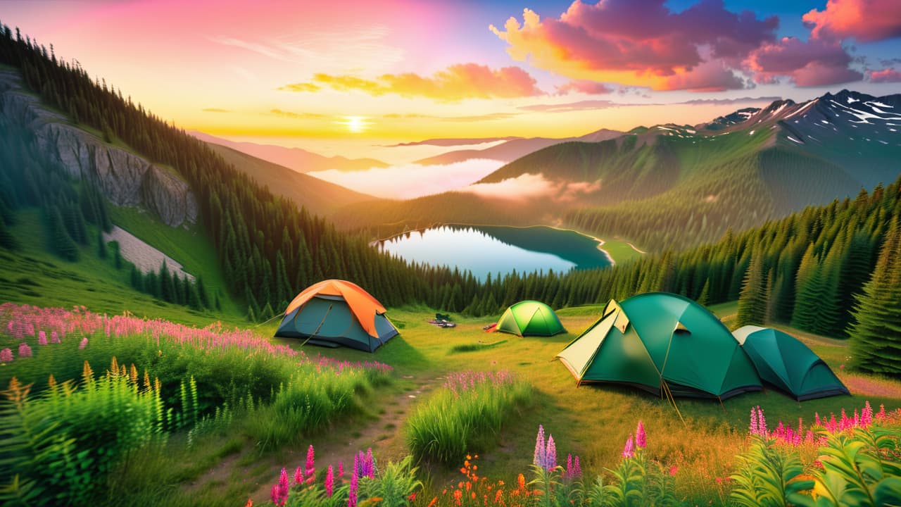  a scenic landscape showcasing diverse backpacking destinations: lush green mountains, a vibrant sunset over a calm lake, winding trails, colorful tents pitched amidst wildflowers, and a distant view of ancient ruins surrounded by dense forests. hyperrealistic, full body, detailed clothing, highly detailed, cinematic lighting, stunningly beautiful, intricate, sharp focus, f/1. 8, 85mm, (centered image composition), (professionally color graded), ((bright soft diffused light)), volumetric fog, trending on instagram, trending on tumblr, HDR 4K, 8K