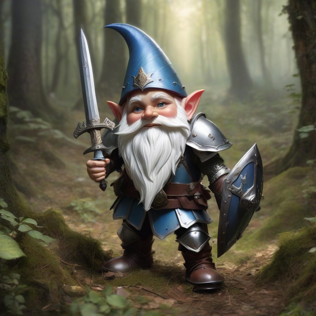  fantasy gnome in armor with sword and shield that goes in the woods