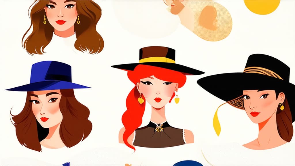  flat illustration, flaticon, (illustration:1.15), different beauty. set of different female heads in hats. different races and nationalities. colored hand drawn illustration ar 16:9, [cory loftis, strobist, pascal campion :: 0.2]