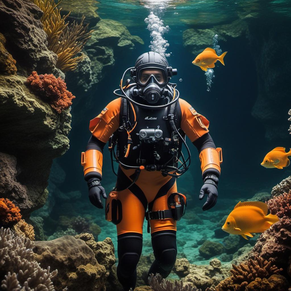  jb name, male, rebreather diver, thick loops, helmet in orange, cave diver, underwater, face view diver, fresh water, shoulder view, jb, mythological style