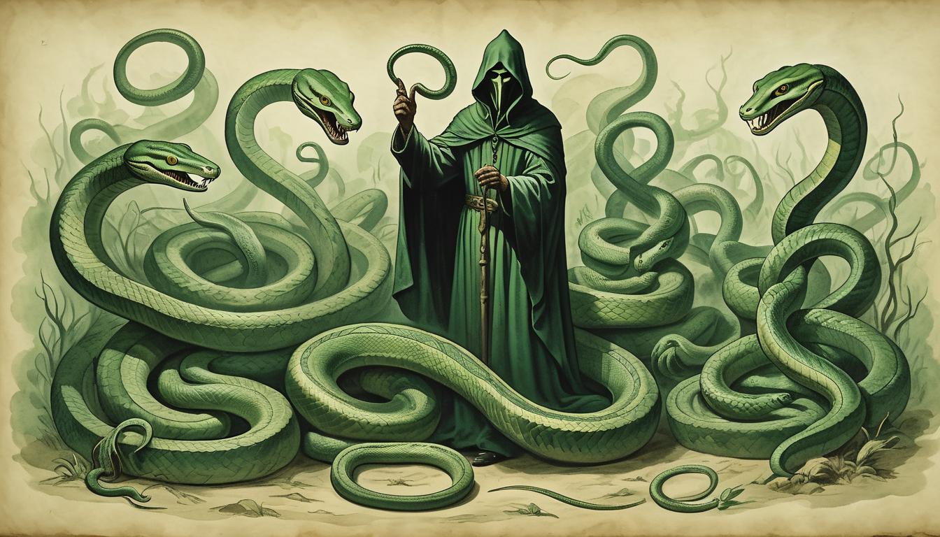  on parchment, surrealism+++, a group of shadowy figures, whispers depicted as green, envious snakes, in background, person with open eyes, realization of deceit(mysterious, provocative, symbolic,muted color)+++