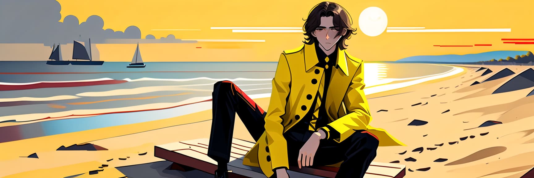  constructivist style a young man sits on a chair on the beach. he has long dark brown hair that gently falls on his shoulders, and his face, with jewish and slavic features, exudes calmness with brown eyes. he is dressed in a bright yellow coat that immediately attracts attention and contrasts with the surrounding landscape. under the coat is a black shirt, and black pants are additionally decorated with yellow elements, creating a harmonious and stylish image. the sun sets over the horizon, shrouding everything around in red shades, and bright red stripes lie on the surroundings contrasting with the darkness and creating a magical atmosphere. . geometric shapes, bold colors, dynamic composition, propaganda art style