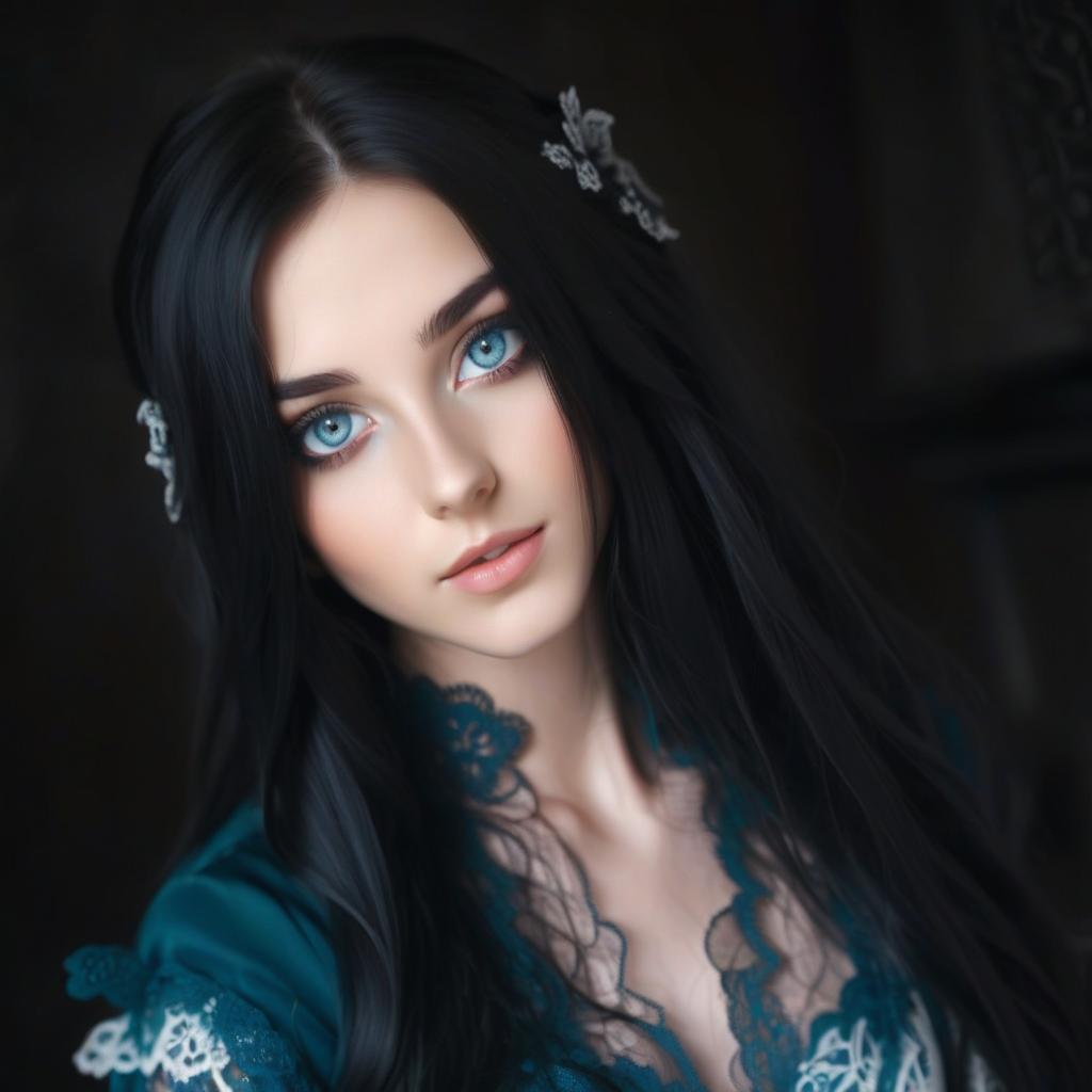  young , with black long hair, beautiful eyes, with a gentle look, dressed in lace black 