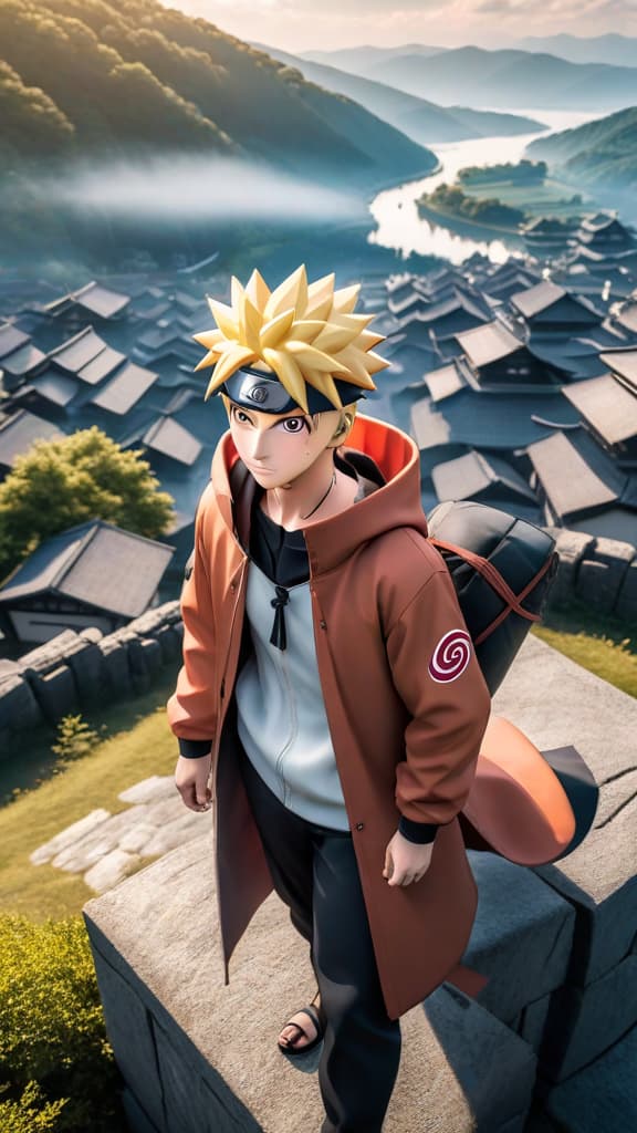  naruto from naruto atop the hokage monument with sharingan eyes, scanning the village below, anime art hyperrealistic, full body, detailed clothing, highly detailed, cinematic lighting, stunningly beautiful, intricate, sharp focus, f/1. 8, 85mm, (centered image composition), (professionally color graded), ((bright soft diffused light)), volumetric fog, trending on instagram, trending on tumblr, HDR 4K, 8K