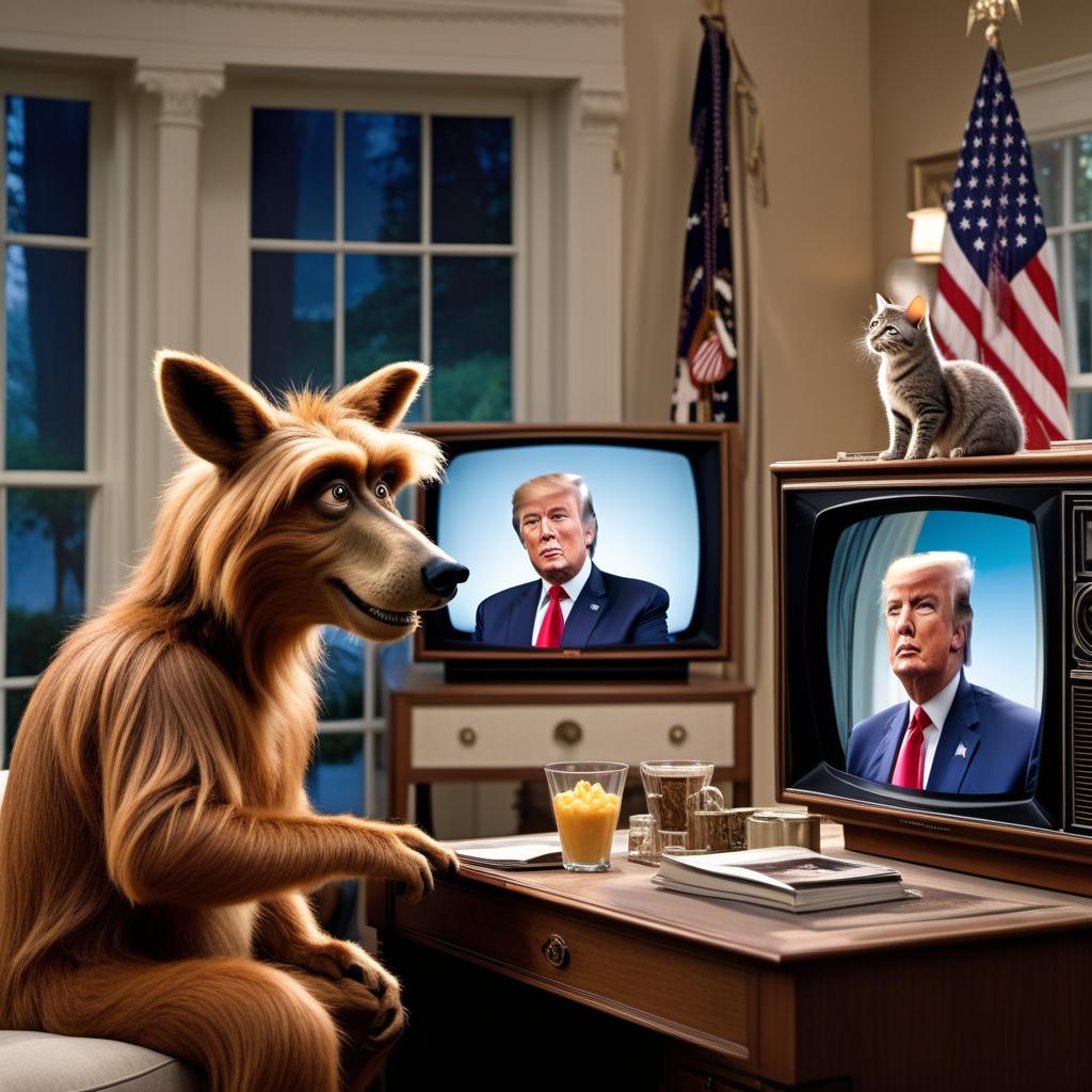  ALF, the alien character from the old TV series, eating cats on a television screen with Donald Trump watching it. The scene should be humorous and exaggerated, with ALF looking mischievous and Donald Trump reacting with a shocked or amused expression. hyperrealistic, full body, detailed clothing, highly detailed, cinematic lighting, stunningly beautiful, intricate, sharp focus, f/1. 8, 85mm, (centered image composition), (professionally color graded), ((bright soft diffused light)), volumetric fog, trending on instagram, trending on tumblr, HDR 4K, 8K