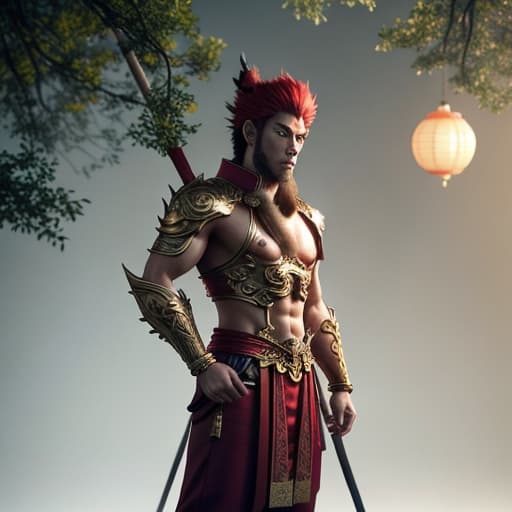  generate a pic about sun wukong in chinese hyperrealistic, full body, detailed clothing, highly detailed, cinematic lighting, stunningly beautiful, intricate, sharp focus, f/1. 8, 85mm, (centered image composition), (professionally color graded), ((bright soft diffused light)), volumetric fog, trending on instagram, trending on tumblr, HDR 4K, 8K