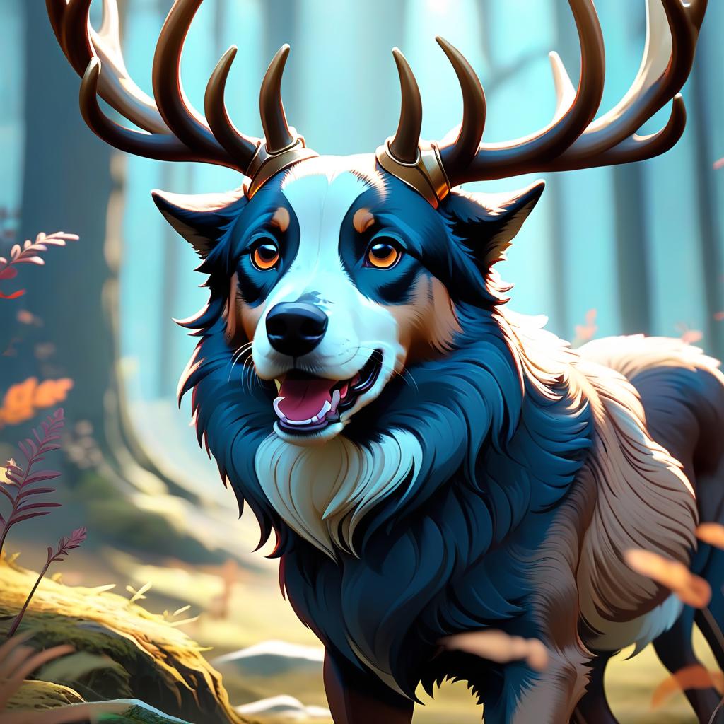  concept art animal, mythical animal, dog with deer horns . digital artwork, illustrative, painterly, matte painting, highly detailed