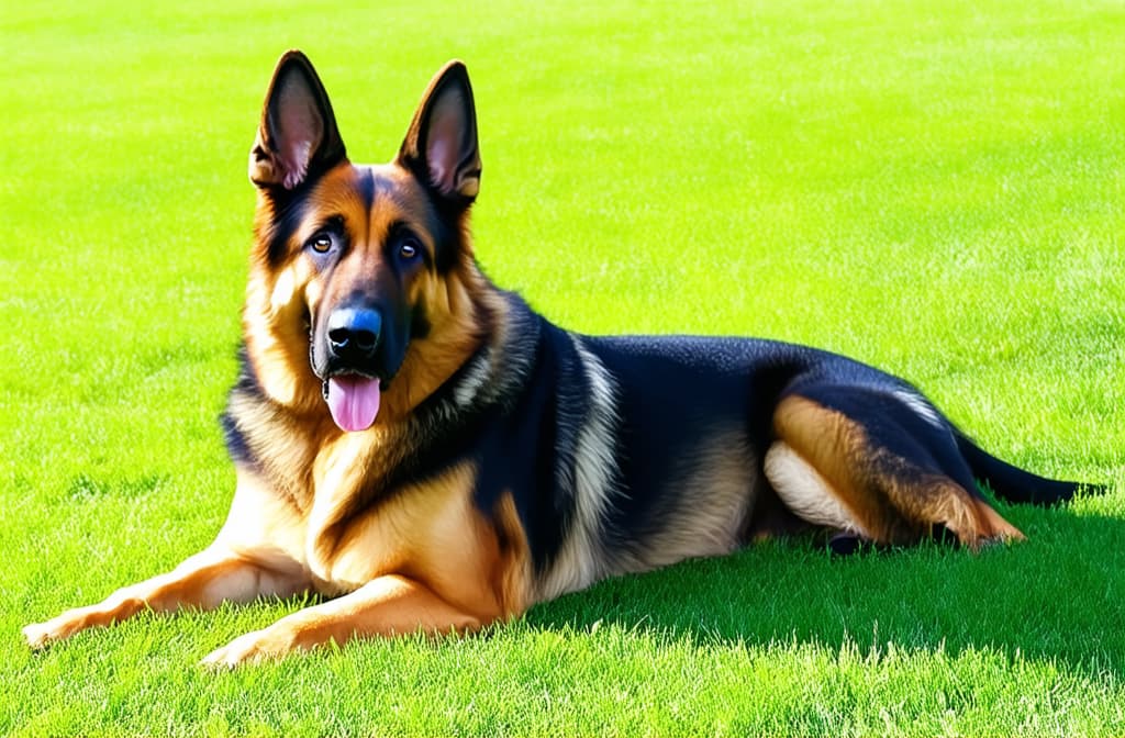  advertising style, stock photo, corporate branding style german shepherd lying on the lawn ar 3:2 . professional, clean, modern, product focused, commercial, eye catching, minimalist, business oriented, highly detailed