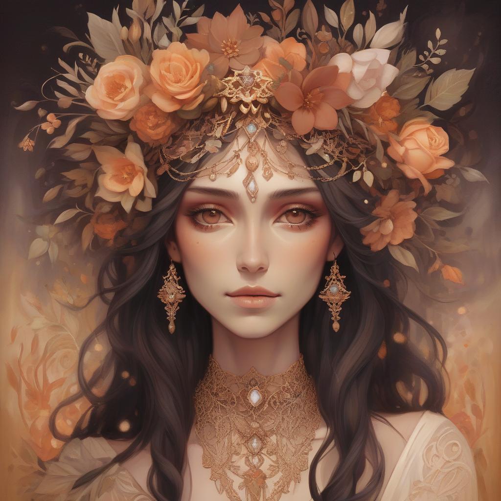  a painting of a woman with a floral crown and intricate jewelry, featuring warm tones and a fantasy style. dark fantasy