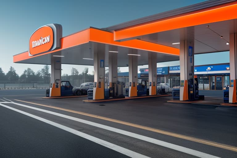  Orange, blue, and light grey gas station hyperrealistic, full body, detailed clothing, highly detailed, cinematic lighting, stunningly beautiful, intricate, sharp focus, f/1. 8, 85mm, (centered image composition), (professionally color graded), ((bright soft diffused light)), volumetric fog, trending on instagram, trending on tumblr, HDR 4K, 8K