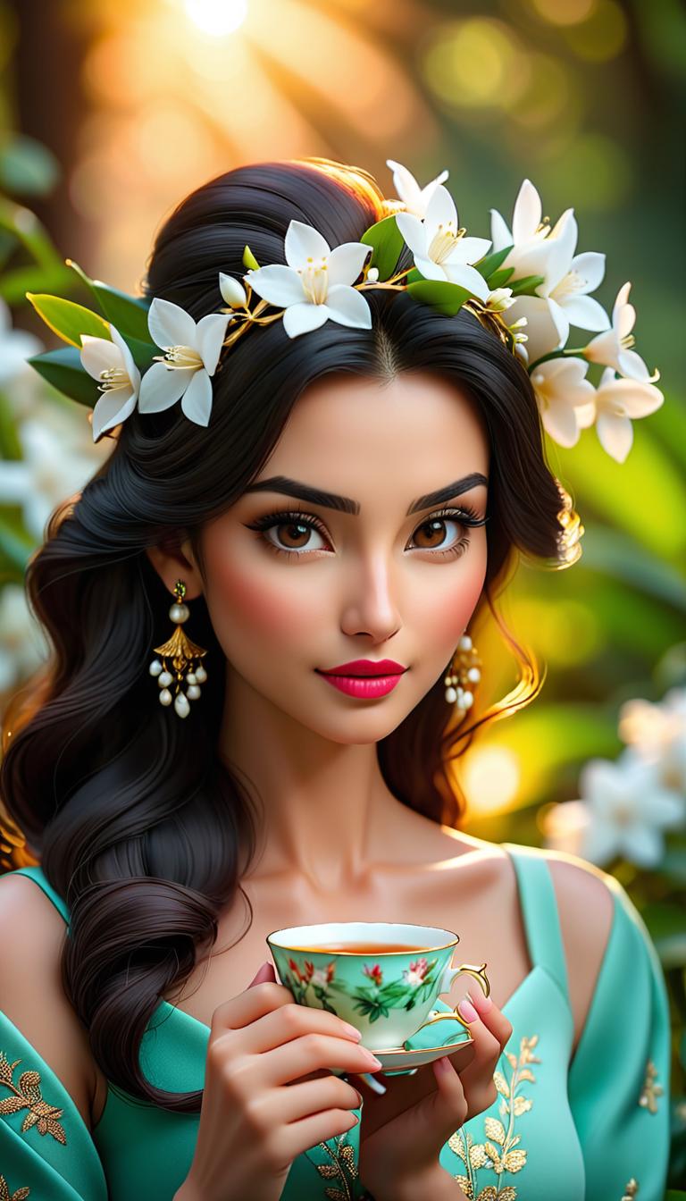  professional 3d model of tea cup with jasmine flowers background . rendered with octane, the model is highly detailed,dramatic lighting. hyperrealistic, full body, detailed clothing, highly detailed, cinematic lighting, stunningly beautiful, intricate, sharp focus, f/1. 8, 85mm, (centered image composition), (professionally color graded), ((bright soft diffused light)), volumetric fog, trending on instagram, trending on tumblr, HDR 4K, 8K