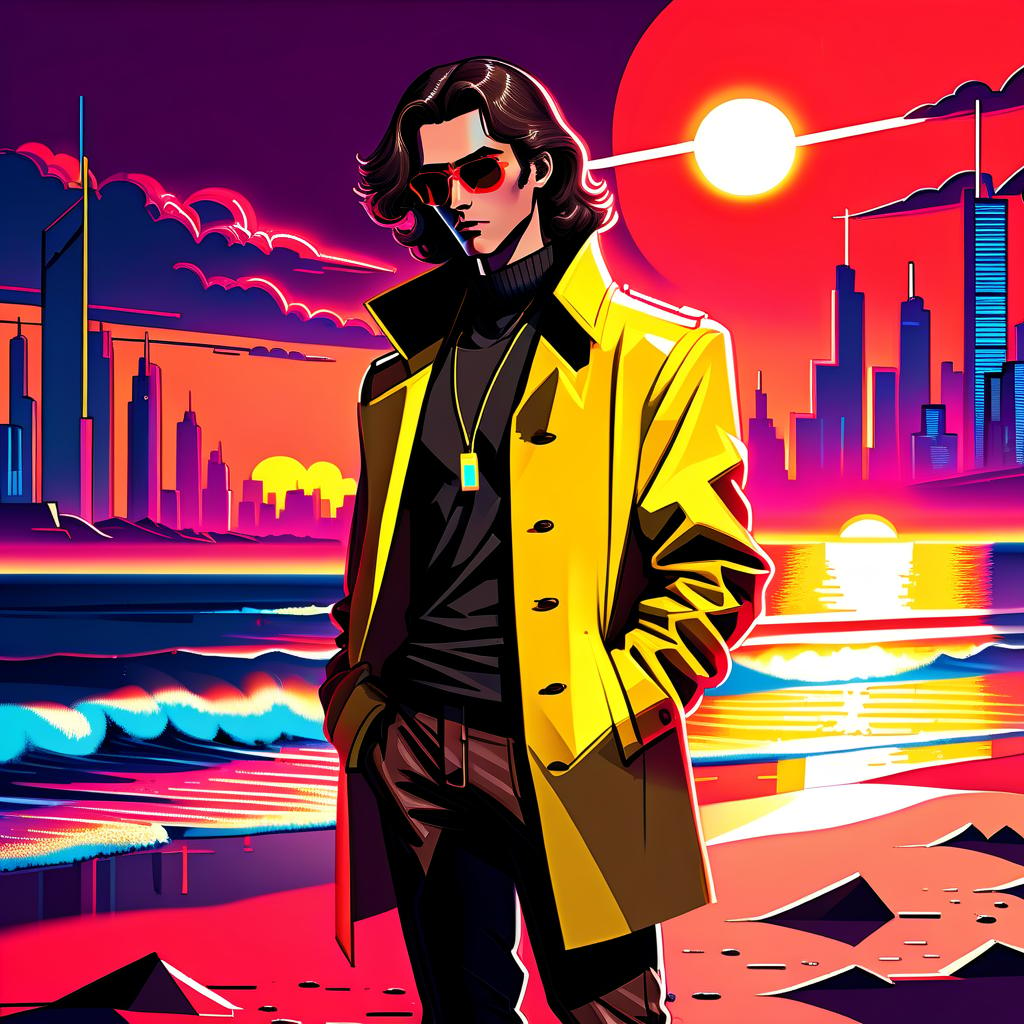  retro cyberpunk a young man stands on the beach. he has long dark brown hair that gently falls on his shoulders, and his face, with jewish and slavic features, exudes calmness with brown eyes. he is dressed in a bright yellow coat that immediately attracts attention and contrasts with the surrounding landscape. under the coat is a black shirt, and black pants are additionally decorated with yellow elements, creating a harmonious and stylish image. the sun sets over the horizon, shrouding everything around in red shades, and bright red stripes lie on the surroundings contrasting with the darkness and creating a magical atmosphere. . 80's inspired, synthwave, neon, vibrant, detailed, retro futurism