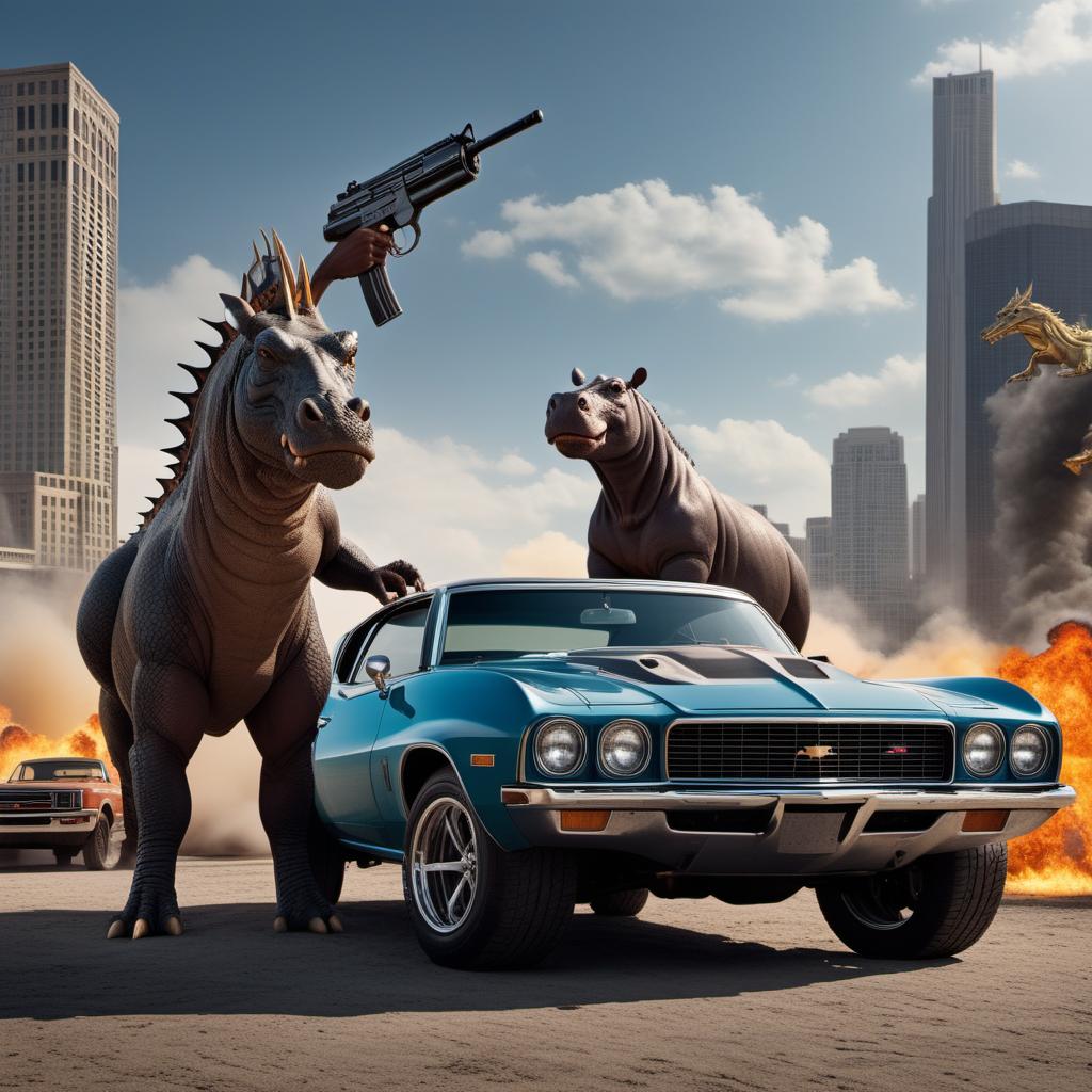  A powerful, enduring, and dynamic figure combining elements of Sisqo, a dragon, a hippo, and a Kalashnikov, set against the backdrop of an American Chevrolet. The character embodies strength, cultural influence, resilience, and a sense of rebellion, with elements hinting at a major change or shift in society since 1986. The scene is vibrant and action-packed, with a sense of mysticism and Americana. hyperrealistic, full body, detailed clothing, highly detailed, cinematic lighting, stunningly beautiful, intricate, sharp focus, f/1. 8, 85mm, (centered image composition), (professionally color graded), ((bright soft diffused light)), volumetric fog, trending on instagram, trending on tumblr, HDR 4K, 8K