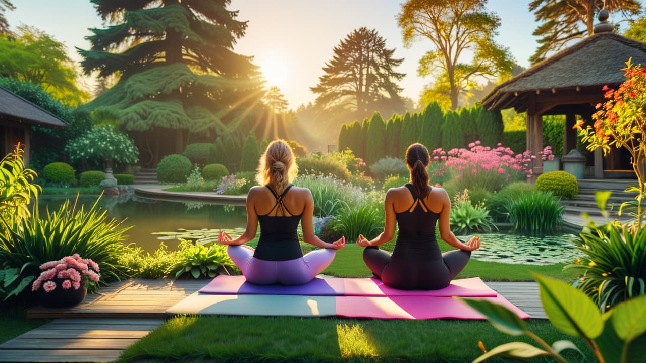  a serene landscape featuring a diverse group of people practicing yoga in a sunlit garden, surrounded by lush greenery, vibrant flowers, and a tranquil pond reflecting the sky, embodying balance and harmony. hyperrealistic, full body, detailed clothing, highly detailed, cinematic lighting, stunningly beautiful, intricate, sharp focus, f/1. 8, 85mm, (centered image composition), (professionally color graded), ((bright soft diffused light)), volumetric fog, trending on instagram, trending on tumblr, HDR 4K, 8K