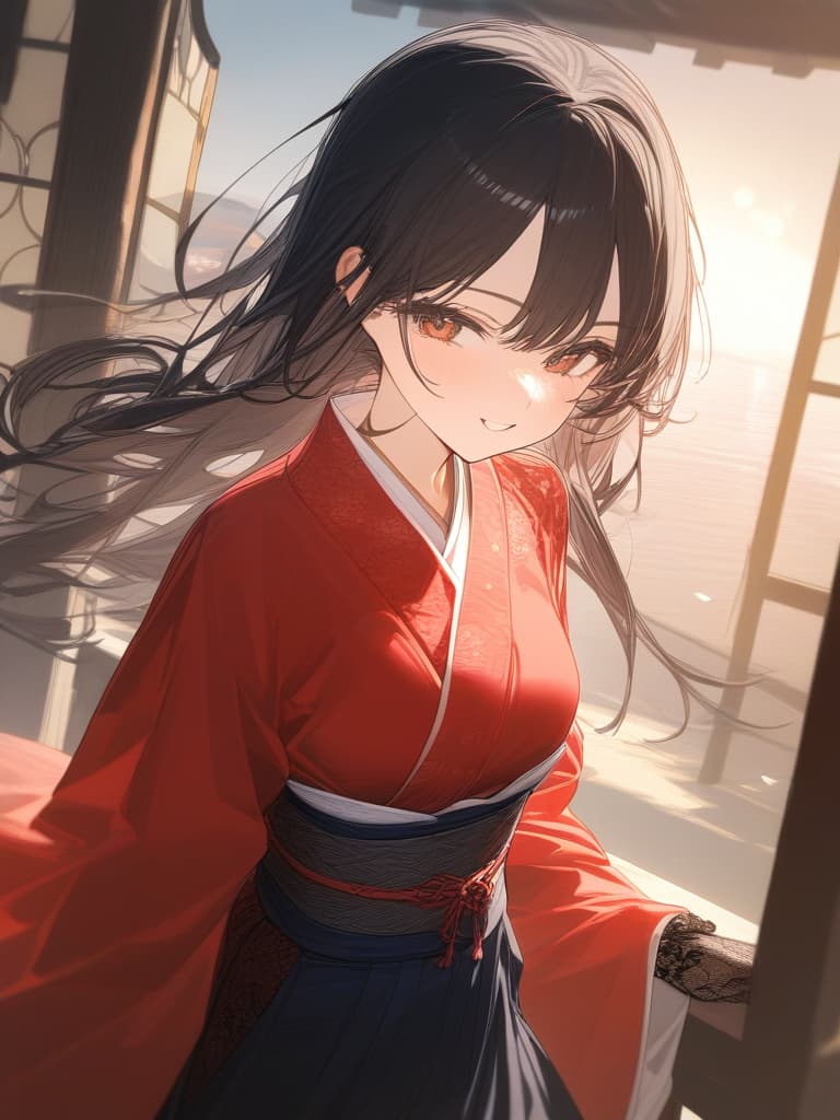  girl, cute face, frill lace, solo, meiji era, kimono, hakama, black lace gloves, red kimonos, long hair, young face, dark hair color, sun, masterpiece, best quality,8k,ultra detailed,high resolution,an extremely delicate and beautiful,hyper detail