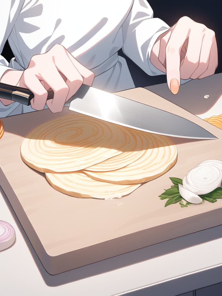  kitchen,woman wearing apron {cutting onion with knife on cutting board,(tears while slicing onion into thin slices:1.4) sliced onion on cutting board},super detailed,high resolution,absurd,employed,