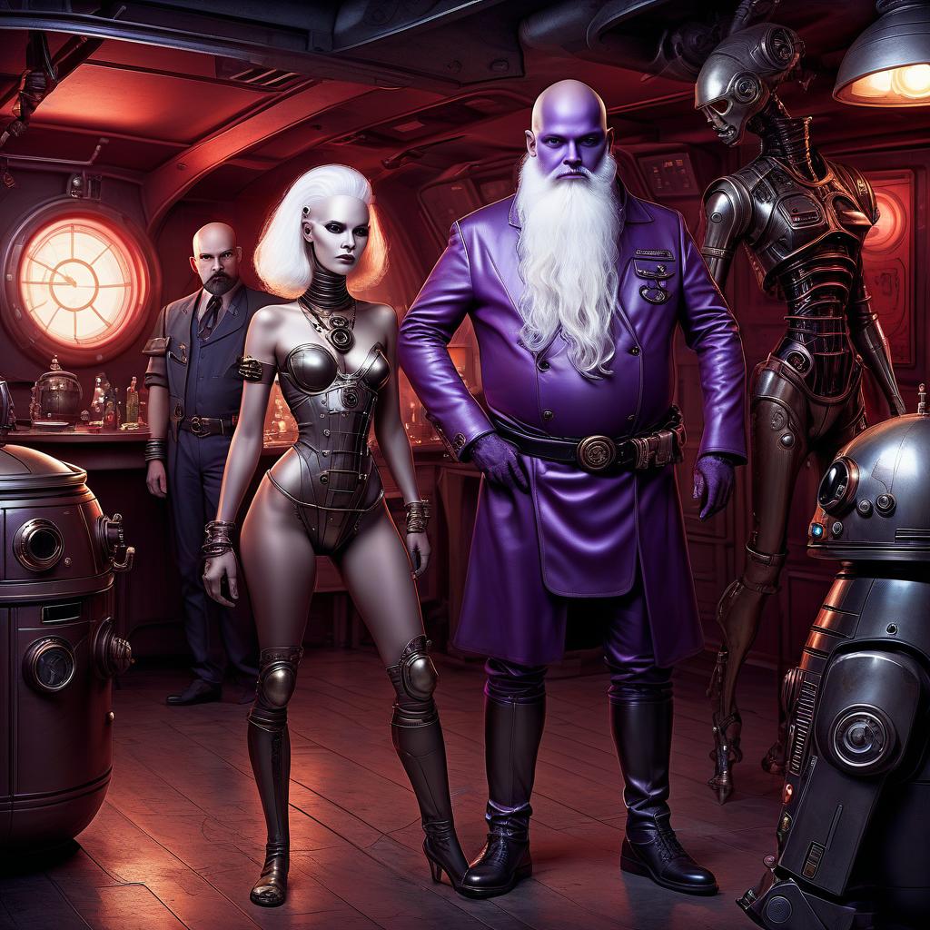  nautical themed a group of space robbers, a young alien, 20 year, purple skin, large size elastic , elegant thin waist, long slender legs, white hair. man, 40 year, small, fat, bald, black. next to the droid and minotaur. full length image, steampunk, dieselpunk, paropunk, standing in a space tavern, against a background of red light. . sea, ocean, ships, maritime, beach, marine life, highly detailed