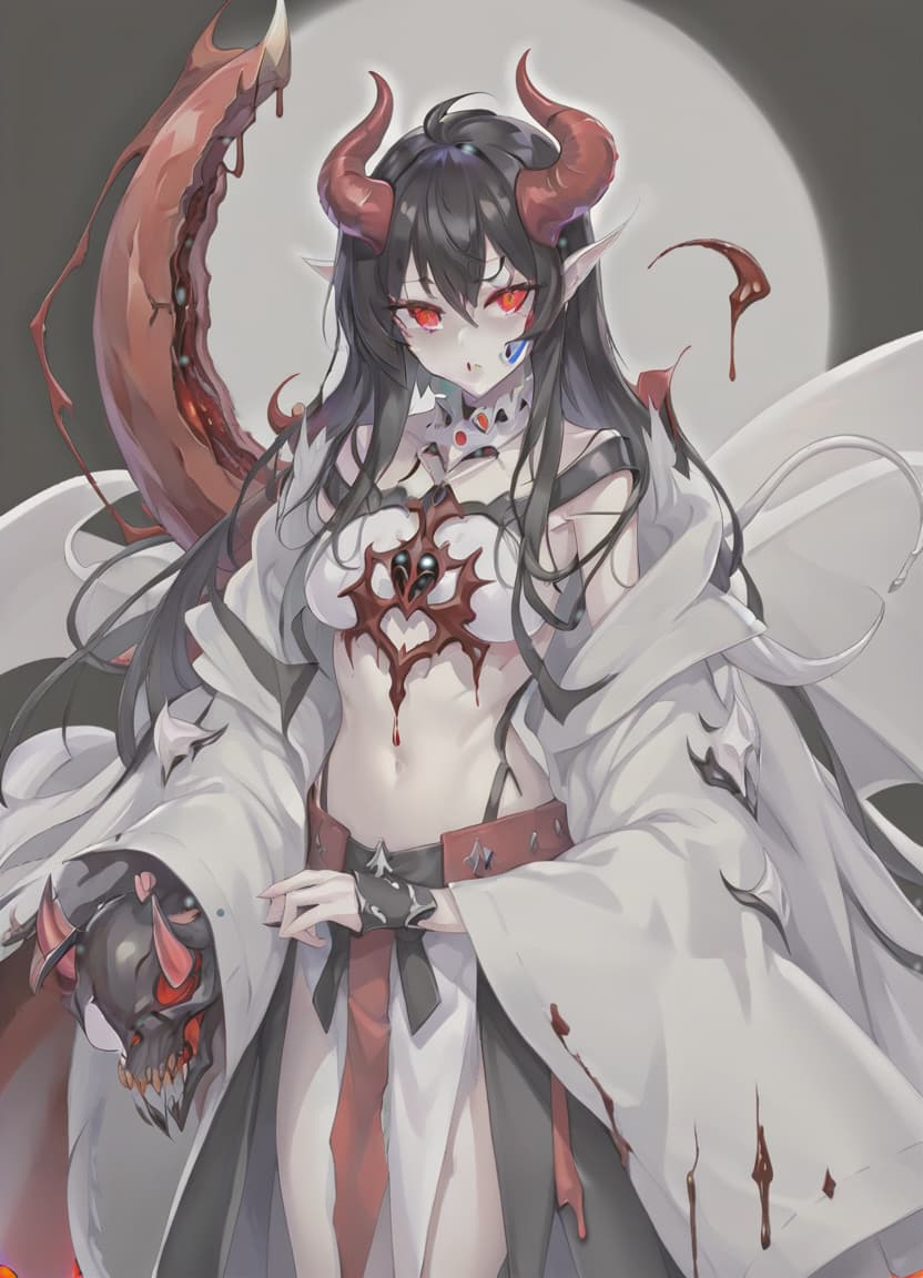  anime artwork demon woman, white skin, blood red eyes, black hair, white horns, black clothes . anime style, key visual, vibrant, studio anime, highly detailed, sticker