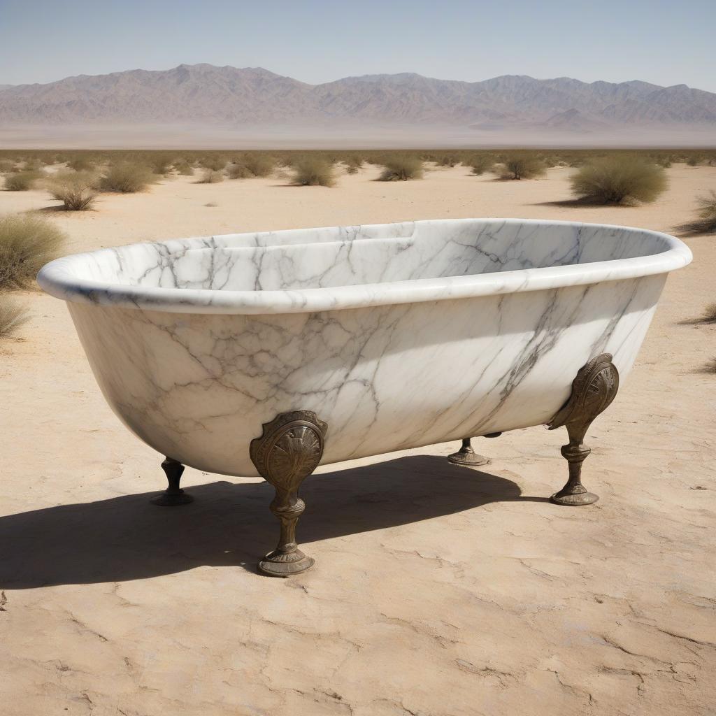  an antique marble steamer tub bounces across the desert on iron legs.