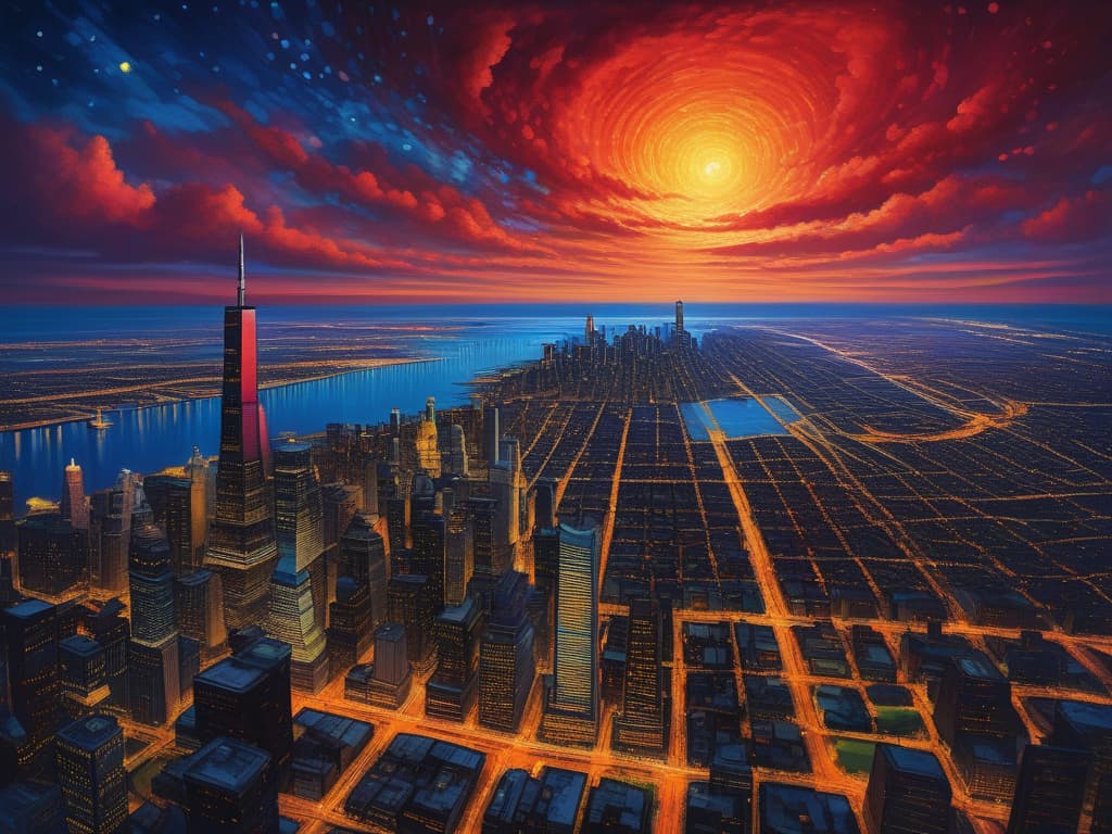  ethereal fantasy concept art of sears tower, crain's communications building, drone view, tilt shift, van gogh's starry night, colorful red orange swirls, cloud gate, hyper realistic, chicago skyline, mesmerizing, intricate details, flambient golden red sunrise, dramatic lighting, epic composition, wide angle, cinematic, masterpiece, 4k, raw photo, van gogh influence, studio lighting, impressionist, bold colors, starry sky, architectural elements, medium format lens, high angle, cityscape, city life, metropolitan, van gogh's brushstrokes, van gogh's shadows, van gogh's colors, van gogh's textures, nighttime, city scene, streets, night cityscape. magnificent, celestial, ethereal, painterly, epic, majestic, magical, fantasy art, cover art, dr